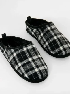 Hot Threadbare Check Faux Fur Lined Mule Slippers Black