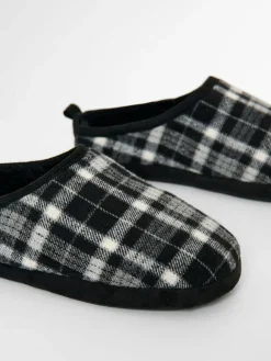 Hot Threadbare Check Faux Fur Lined Mule Slippers Black