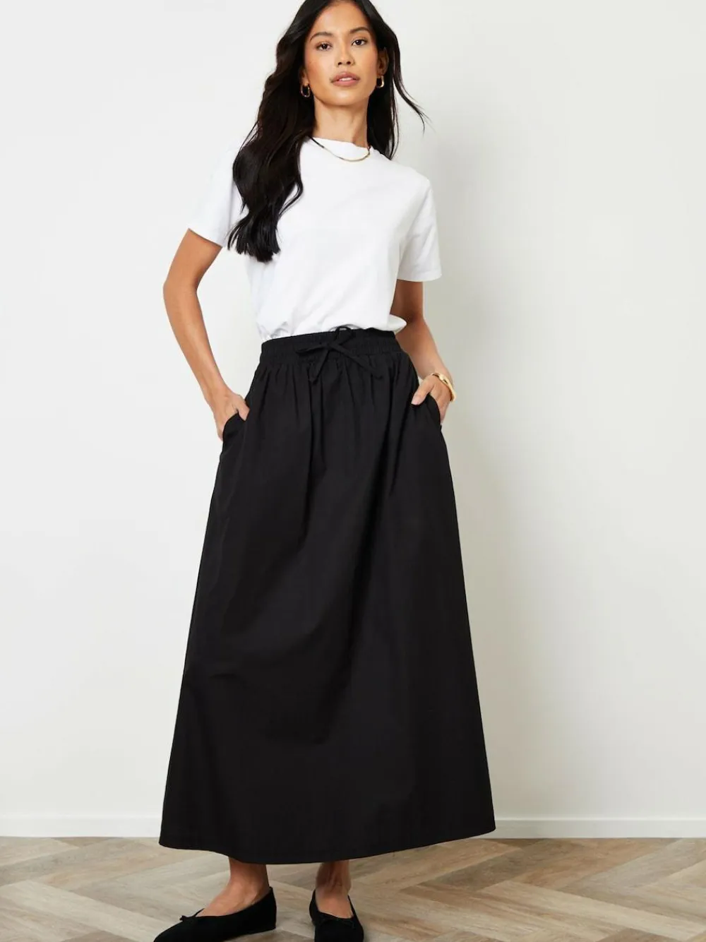 Threadbare Black Cotton Poplin Tie Waist Skirt with Pockets^Women Skirts