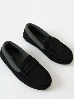 Online Threadbare Faux Suede Fabric Trim Moccasin Slippers Black