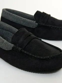 Online Threadbare Faux Suede Fabric Trim Moccasin Slippers Black