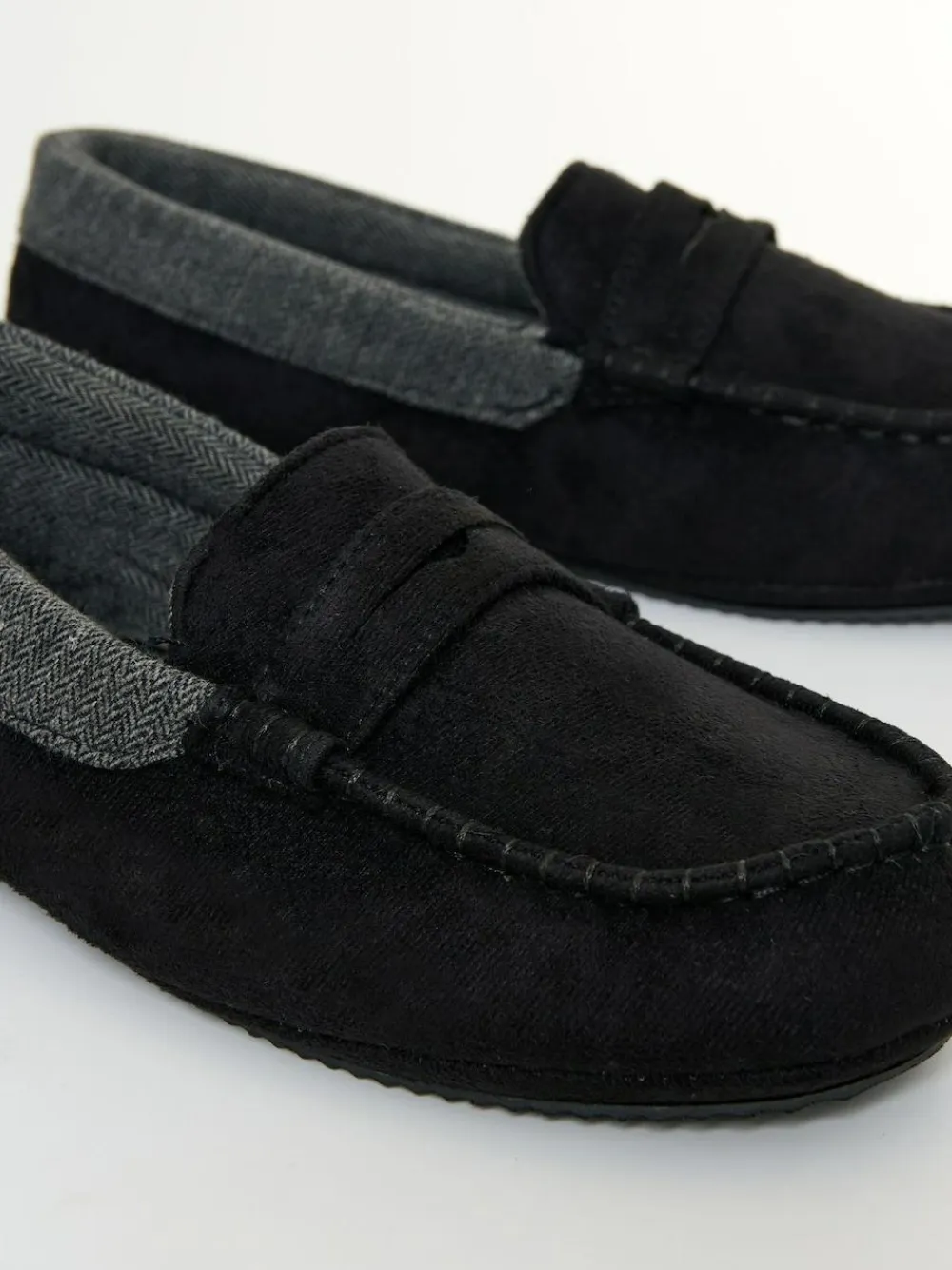 Online Threadbare Faux Suede Fabric Trim Moccasin Slippers Black