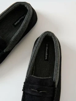 Online Threadbare Faux Suede Fabric Trim Moccasin Slippers Black