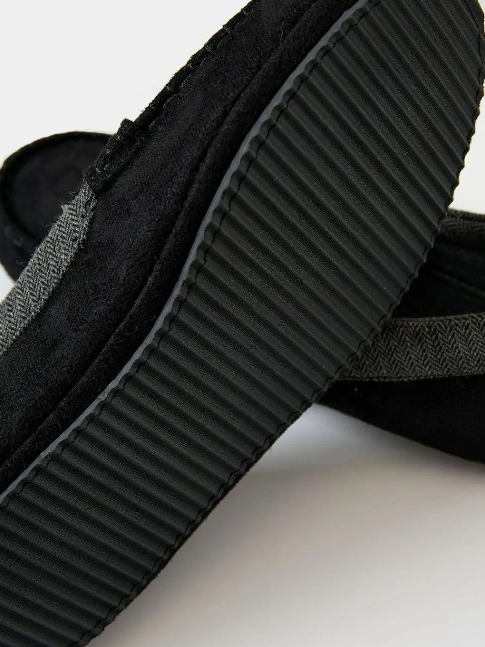 Online Threadbare Faux Suede Fabric Trim Moccasin Slippers Black