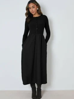 Threadbare 2-in-1 Jersey Poplin Mix Button Down Dress^Women Midi Dresses|Dresses