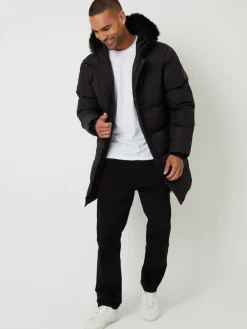 Threadbare Showerproof Longline Quilted Parka Jacket Black