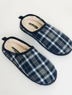 Best Threadbare Check Faux Fur Lined Mule Slippers Blue