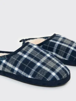 Best Threadbare Check Faux Fur Lined Mule Slippers Blue