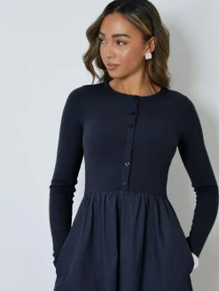 Best Threadbare 2-in-1 Jersey Poplin Mix Button Down Dress Blue