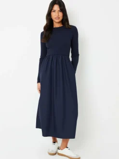 Threadbare Blue Rib Jersey 2-In-1 Midi Dress with Poplin Skirt^Women Midi Dresses
