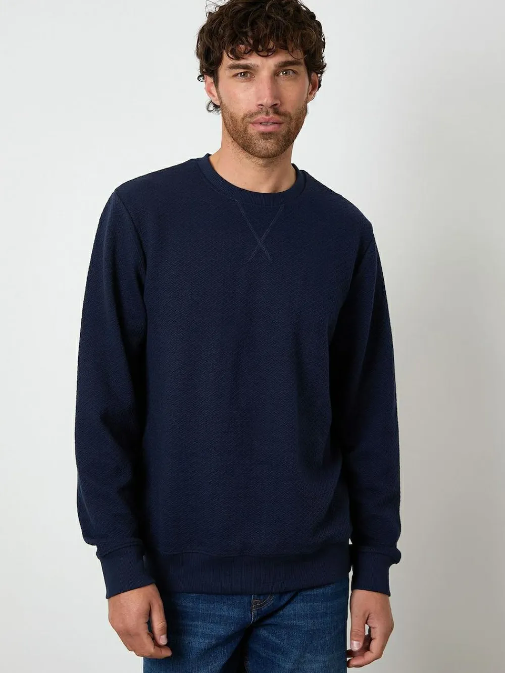 Outlet Threadbare Blue Textured Crew Neck Sweatshirt