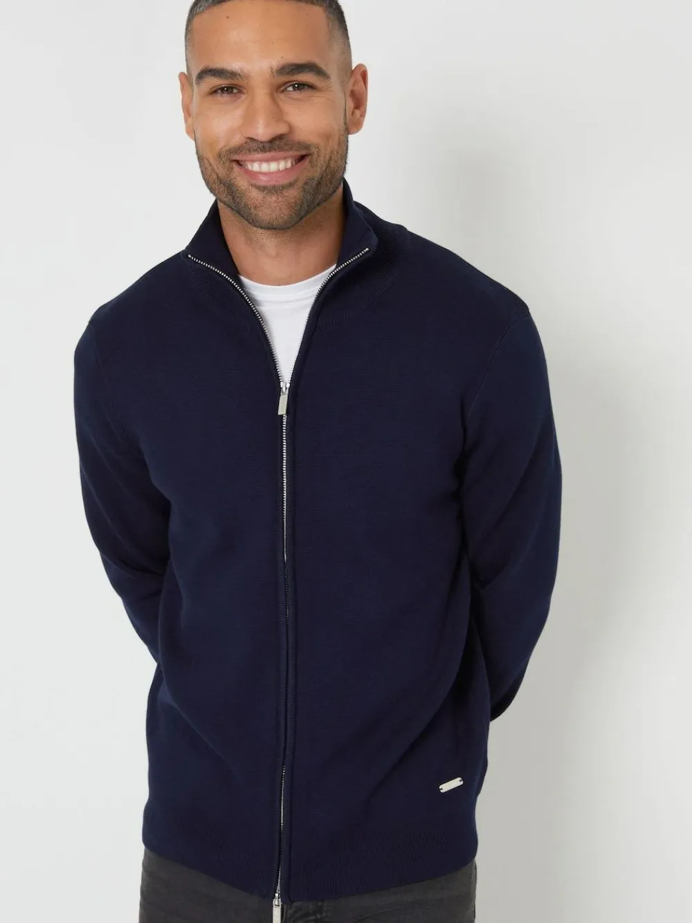 Online Threadbare Blue Zip-Through Funnel Neck Knitted Cardigan