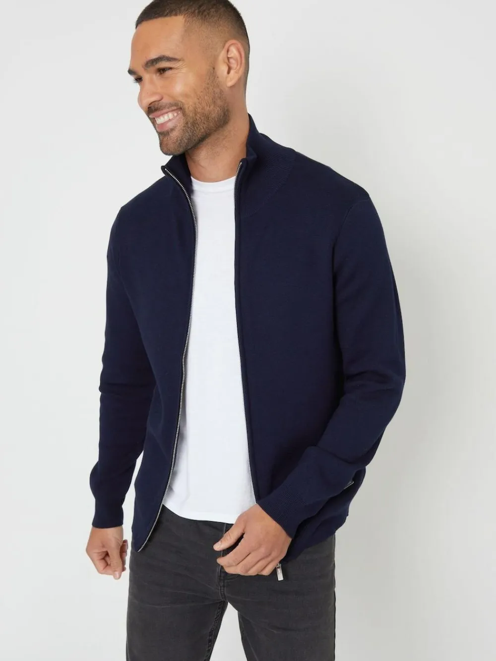 Online Threadbare Blue Zip-Through Funnel Neck Knitted Cardigan