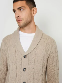 Threadbare Cable Knit Shawl Collar Cardigan With Wool Brown