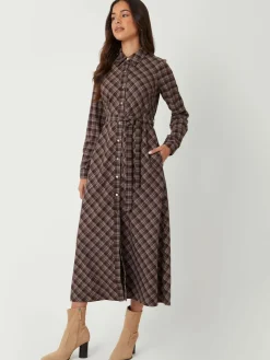 Online Threadbare Brown Check Belted Midi Shirt Dress