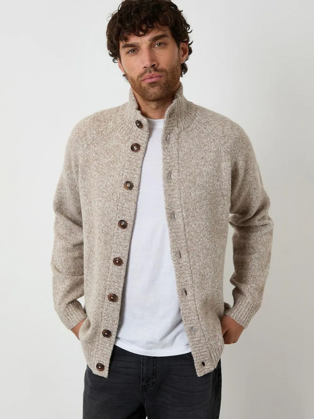 Best Threadbare Funnel Neck Button Up Knitted Cardigan Brown