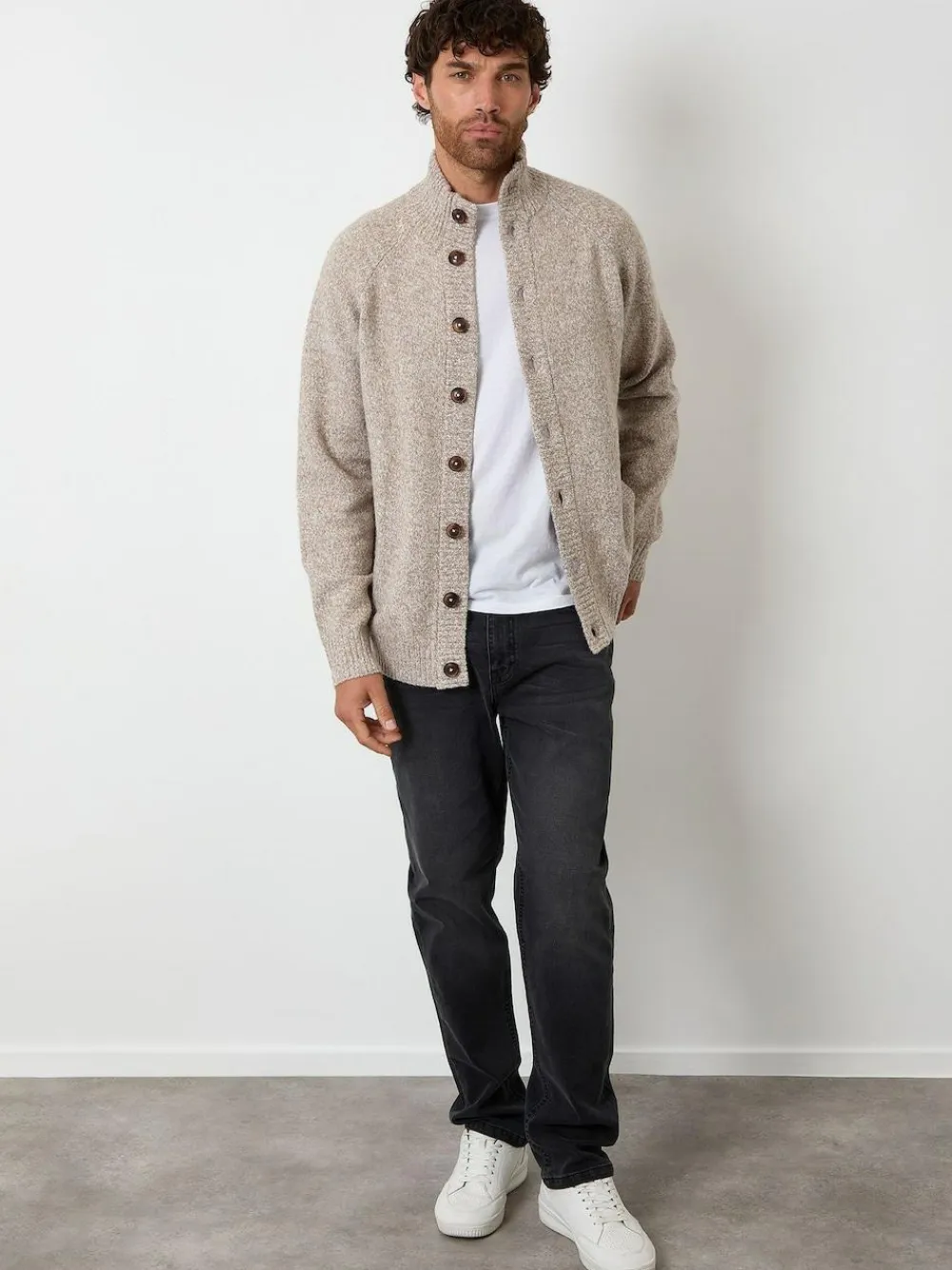 Best Threadbare Funnel Neck Button Up Knitted Cardigan Brown