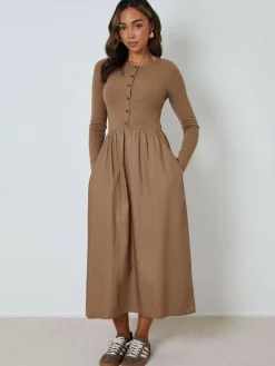 Threadbare 2-in-1 Jersey Poplin Mix Button Down Dress^Women Midi Dresses|Dresses