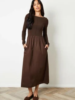 Best Threadbare 2-in-1 Jersey Poplin Mix Slash Neck Long Sleeve Dress Brown