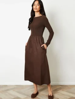 Best Threadbare 2-in-1 Jersey Poplin Mix Slash Neck Long Sleeve Dress Brown