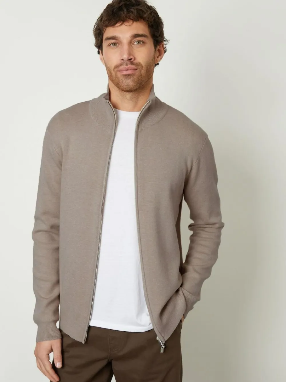 Threadbare Brown Zip-Through Funnel Neck Knitted Cardigan^ Knitwear|Knitwear