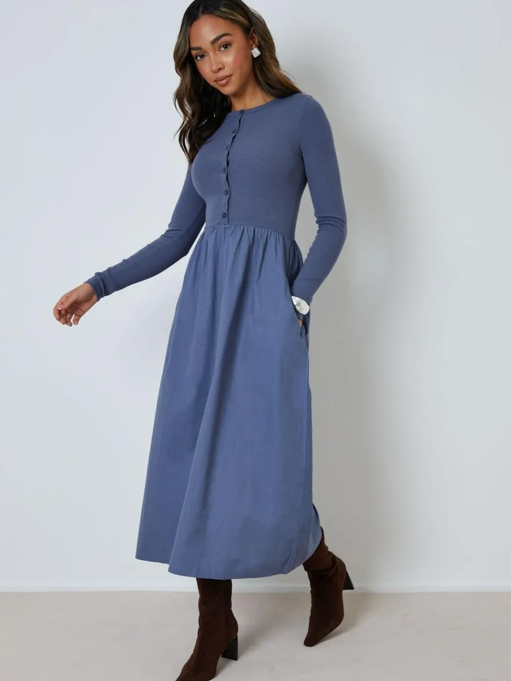 Threadbare 2-in-1 Jersey Poplin Mix Button Down Dress^Women Maxi Dresses|Dresses