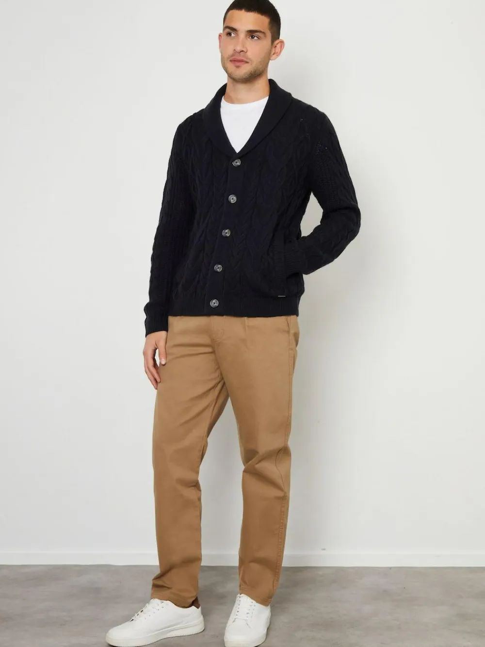 Discount Threadbare Cable Knit Shawl Collar Cardigan With Wool Navy