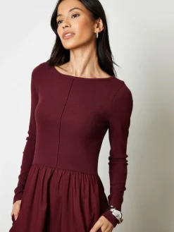 Discount Threadbare 2-in-1 Jersey Poplin Mix Slash Neck Long Sleeve Dress Red