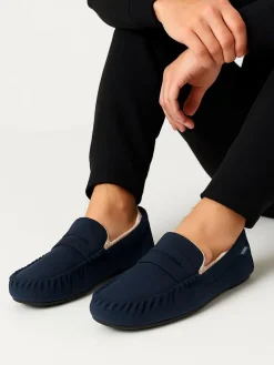 Discount Totes Blue Toasties Mens Suedette Moccasin Slippers With Faux Fur Lining