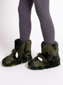 Totes Green Childrens Dinosaur Bootie Winter Slippers^BOY Nightwear