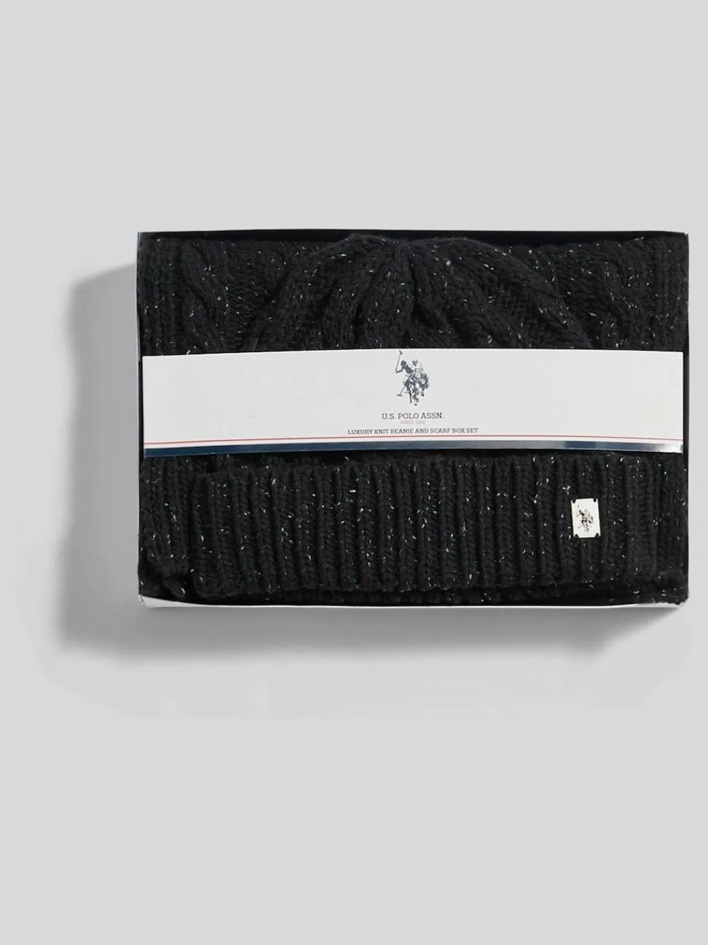 Best U.S. Polo Assn Black Cable Knit Beanie & Scarf Box Set