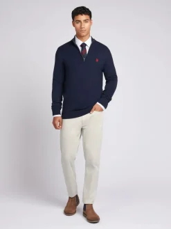 New U.S. Polo Assn . Navy Cotton Funnel Neck Quarter Zip Knit