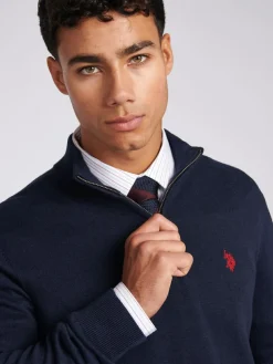 New U.S. Polo Assn . Navy Cotton Funnel Neck Quarter Zip Knit