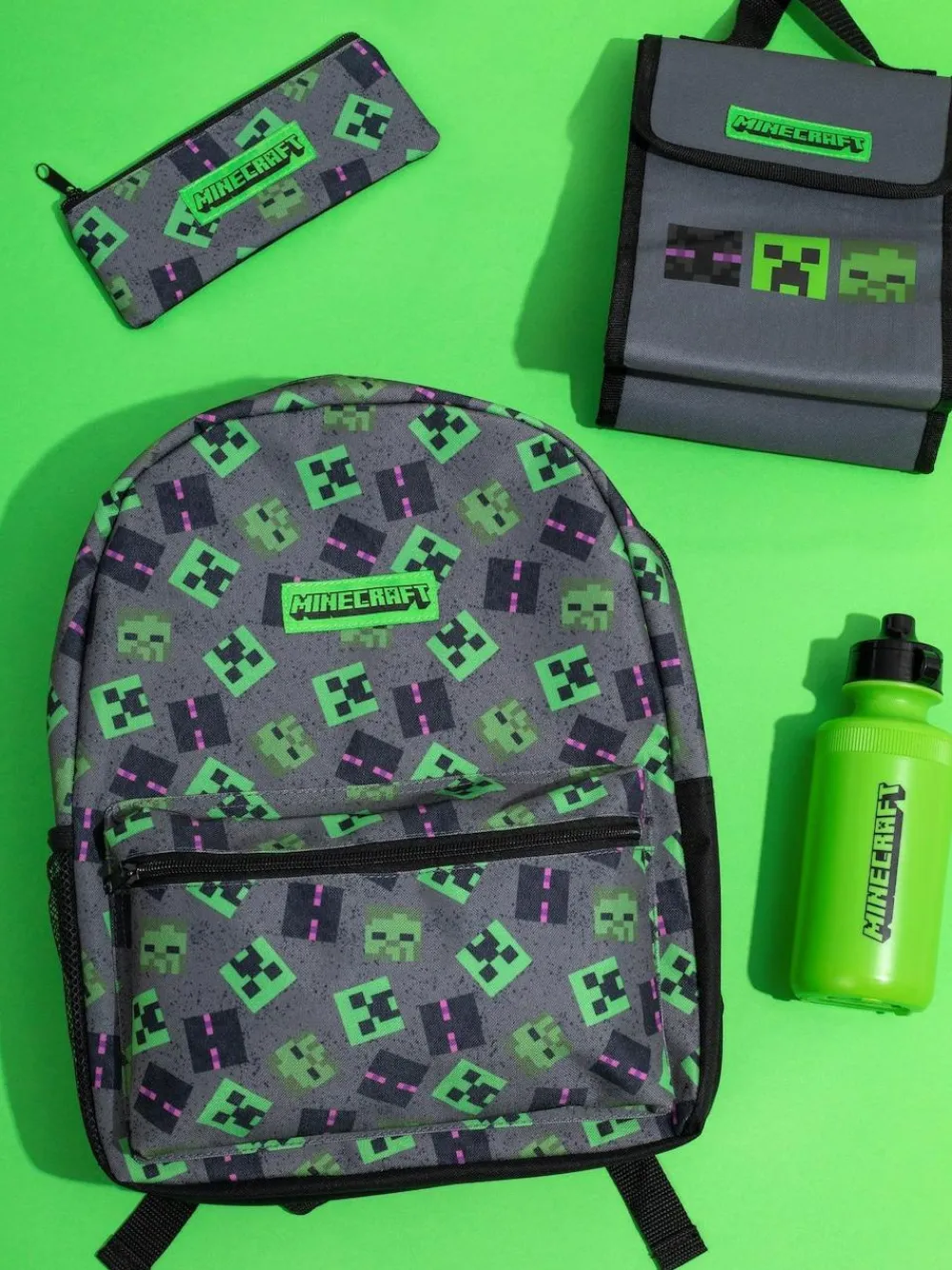 Vanilla Underground Grey Minecraft Boys Creeper 4 Piece Backpack Set^BOY Bags