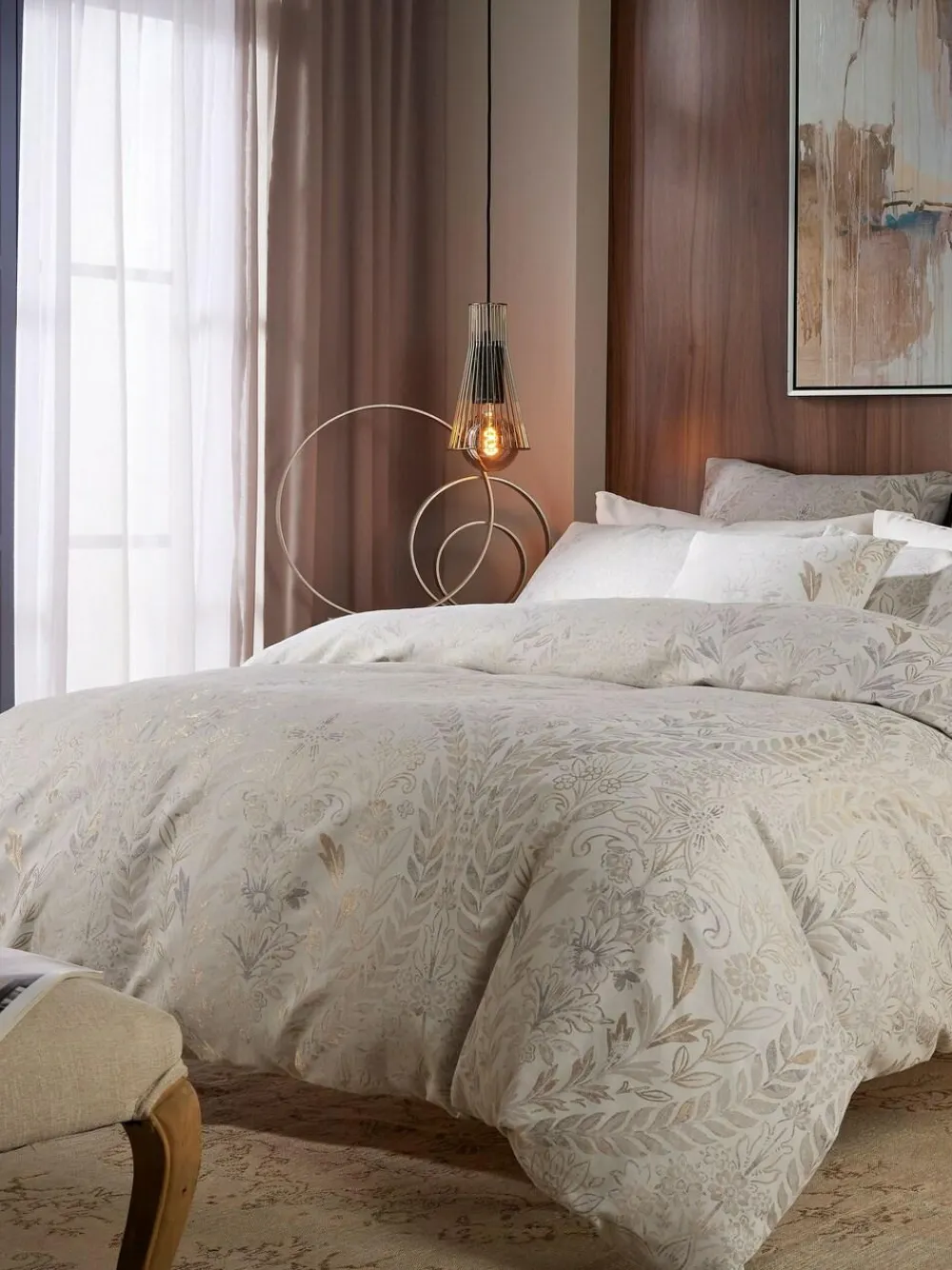 Best Vantona Cream Chafield Jacquard Duvet Cover and Pillowcase Set