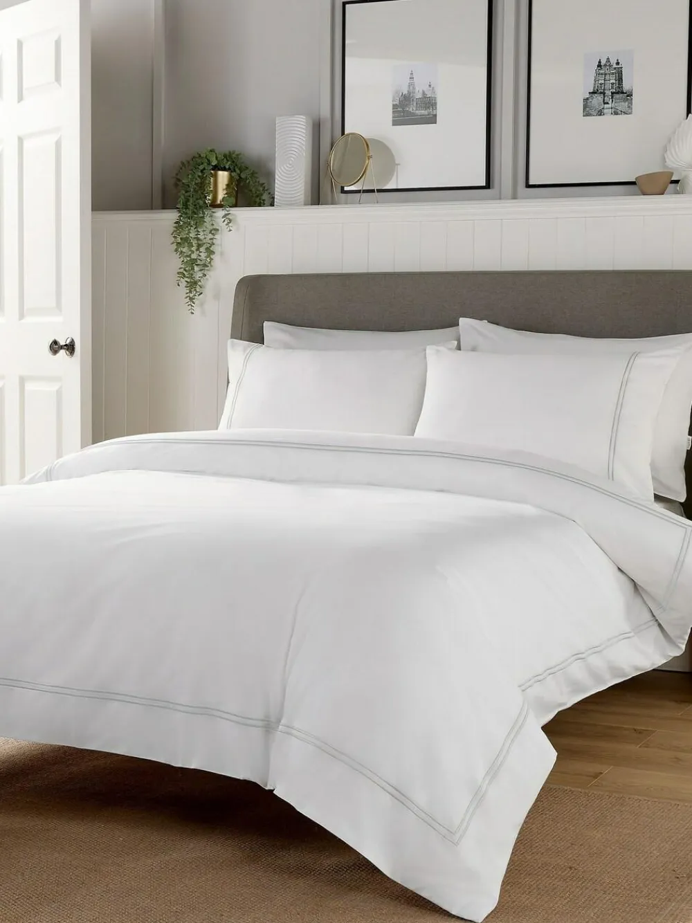 Vantona White Silver Beretta Double Stitch Quilt Cover Set^ Branded Bedlinen