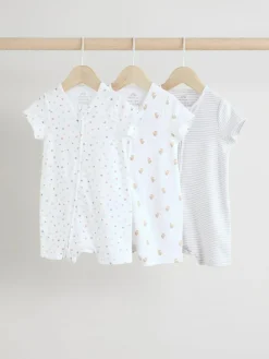 Next White 100% Cotton Two Way Zip Romper Sleepsuits 3 Pack (0mths-3yrs)^BOY Unisex|Nightwear