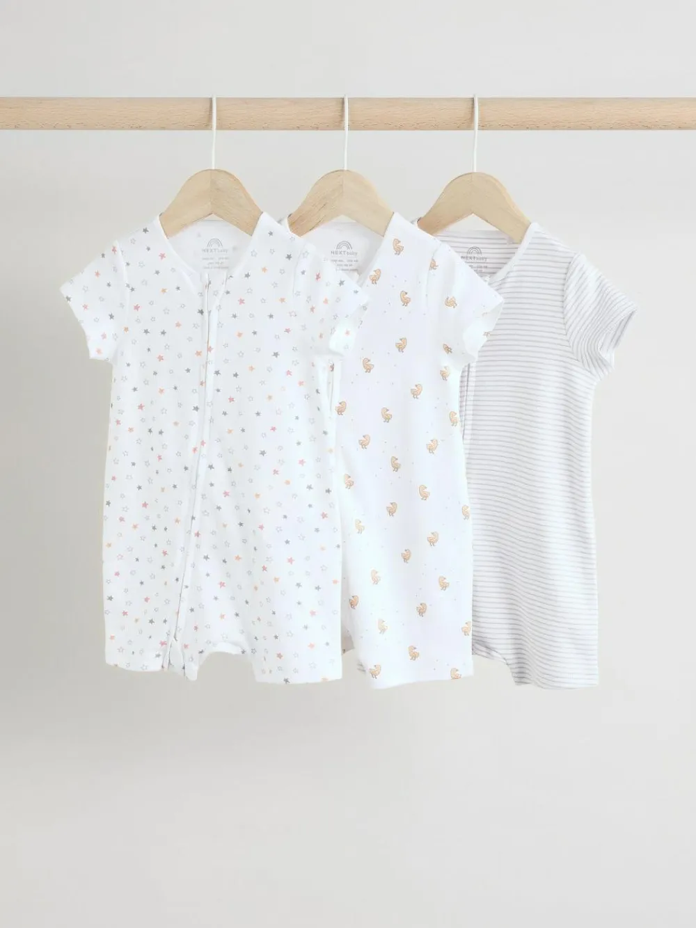 Next White 100% Cotton Two Way Zip Romper Sleepsuits 3 Pack (0mths-3yrs)^BOY Unisex|Nightwear