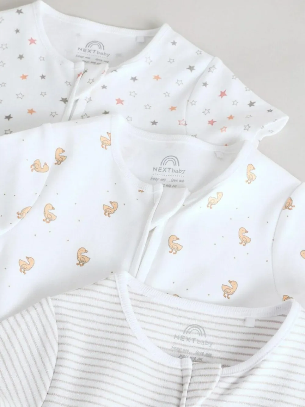 Next White 100% Cotton Two Way Zip Romper Sleepsuits 3 Pack (0mths-3yrs)^BOY Unisex|Nightwear