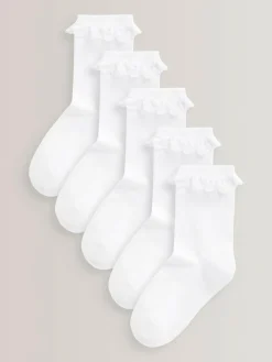 Next White 5 Pack Cotton Rich Cushioned Sole Ruffle Ankle School Socks^ Socks & Tights|Socks & Tights