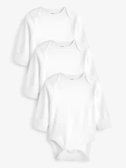Next White 3 Pack Kind To Skin Long Sleeve Baby Bodysuits^BOY Unisex|Bodysuits & Vests