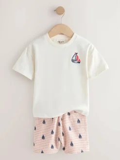 Online Next Short Sleeve T-Shirt and Shorts Set (3mths-7yrs) White Boat Embroidery
