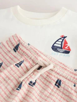 Online Next Short Sleeve T-Shirt and Shorts Set (3mths-7yrs) White Boat Embroidery