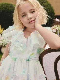 Next White 3D Flower Ruffle Mesh Occasion Dress (3-16yrs)^ Occasionwear