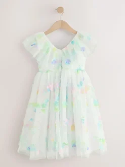 Next White 3D Flower Ruffle Mesh Occasion Dress (3-16yrs)^ Occasionwear