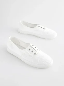 Next Embroidered Laceless Canvas Slip On Trainers^Women Sneakers