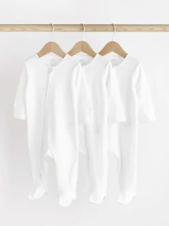 Outlet Next Essential Zipped 100% Cotton Baby Sleepsuits 3 Pack (0-3yrs) White