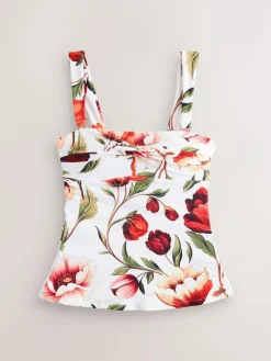 Next White Floral Bandeau Tummy Control Tankini Top^Women Swimwear
