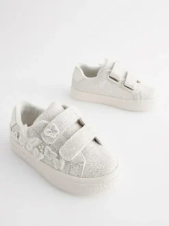 Next White Glitter Standard Fit (F) Butterfly Touch Fasten Strap Trainers