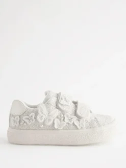 Next White Glitter Standard Fit (F) Butterfly Touch Fasten Strap Trainers